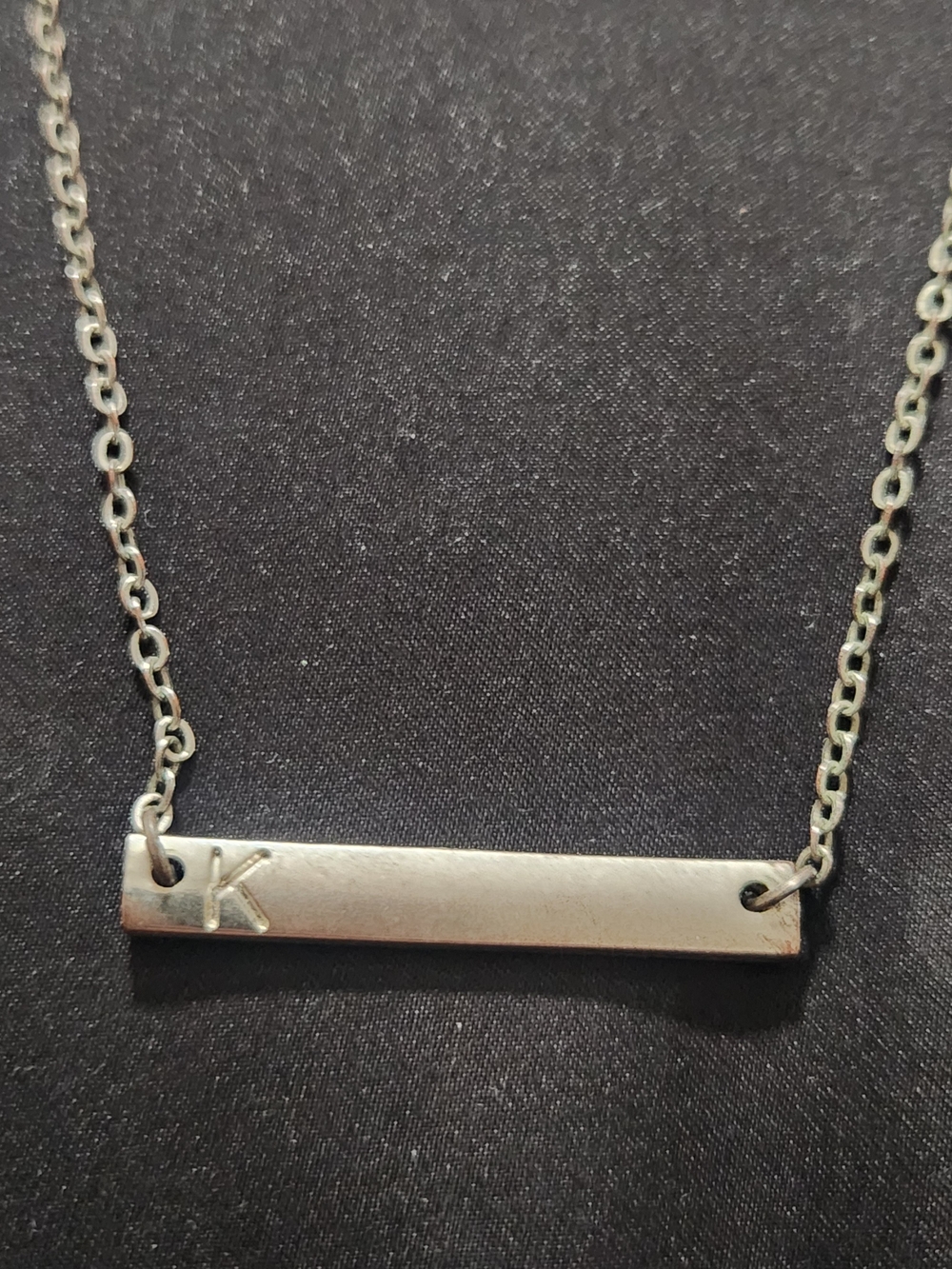 Silver Tone Initial K Stamped Bar Pendant Necklace Minimalist Delicate Chain